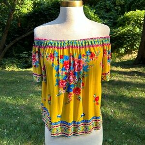 Flying Tomato Off Shoulder Yellow Floral Peasant Blouse